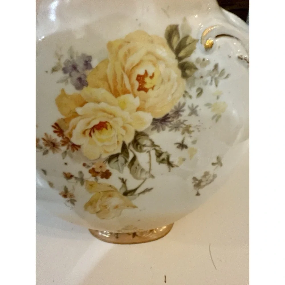 Antique Porcelain Mantel Vase Ram Head Handles Hand Painted Roses Gold Gilt